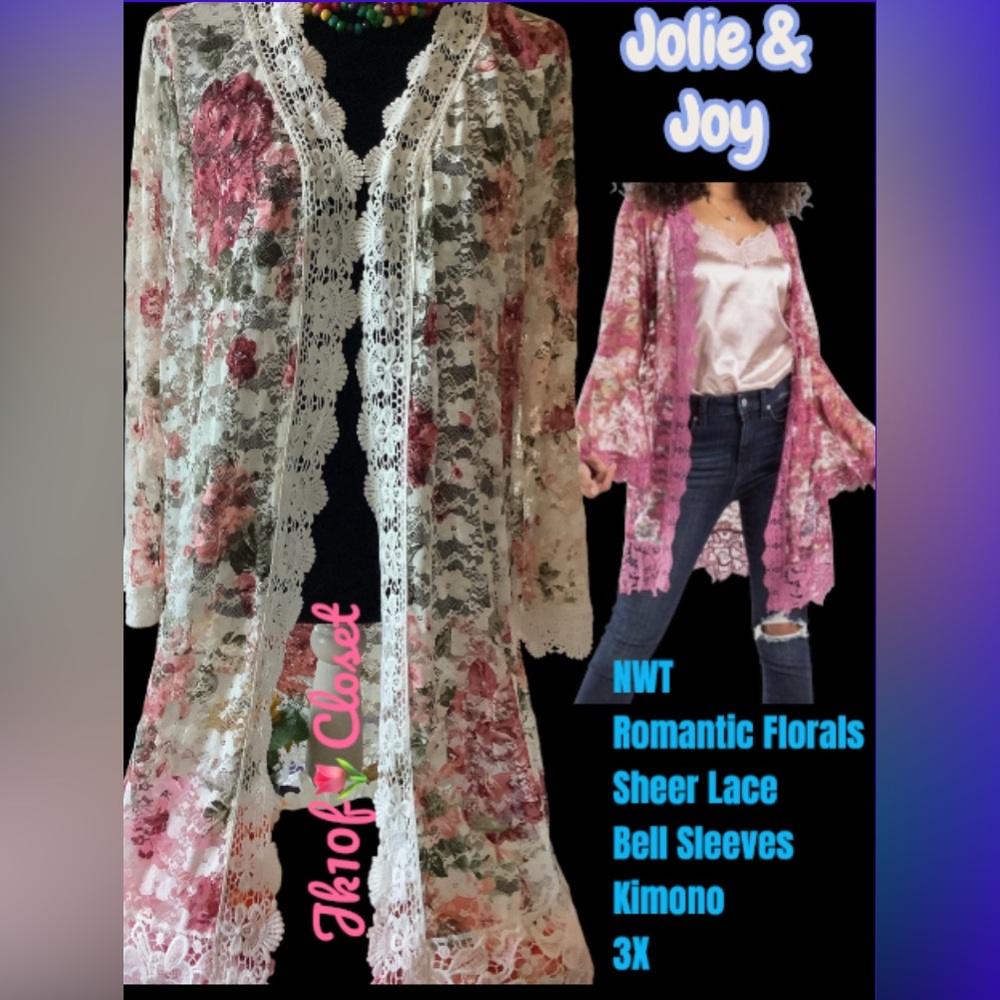 LOWEST🌺 NWT JOLIE & JOY 3X ROMANTIC FLORAL LACE KIMONO TOP 36” Long